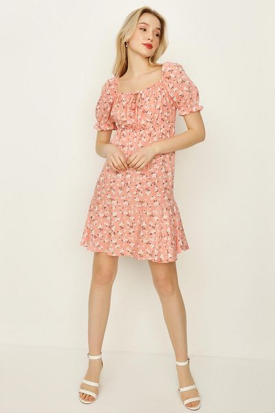 Select Moda Women's Pink Flower Patterned Pentagonal Collar Balloon Sleeve Mini Dress