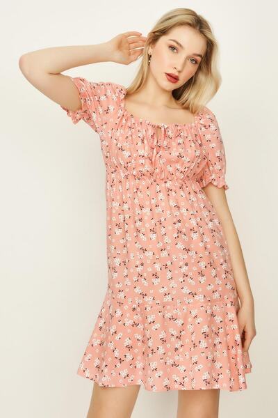 Select Moda Γυναικείο Μίνι Φόρεμα με ροζ λουλούδια με πεντάγωνο γιακά με μπαλόνι μανίκια