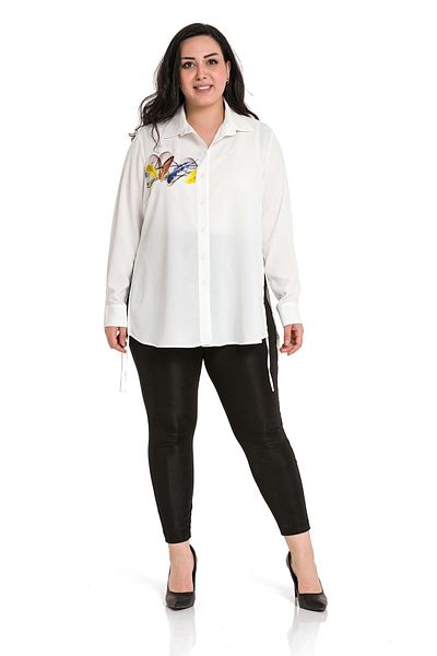 DISENTIS MODEST Large Size Leaf Printed Women's White Shirt with Side Tie Detail