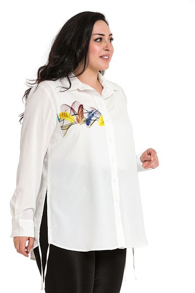DISENTIS MODEST Large Size Leaf Printed Women's White Shirt with Side Tie Detail