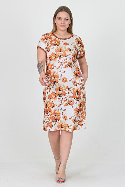 Neşeli Butik Women's Tile Flower Patterned Summer Pocket Detailed Plus Size Dress Aysl35