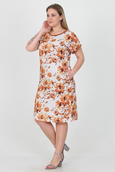 Neşeli Butik Women's Tile Flower Patterned Summer Pocket Detailed Plus Size Dress Aysl35