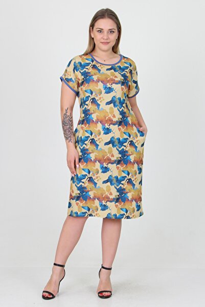 Neşeli Butik Γυναικείο φόρεμα με λαιμόκοψη κίτρινο χρώμα μεγάλου μεγέθους από βισκόζη Aysl26