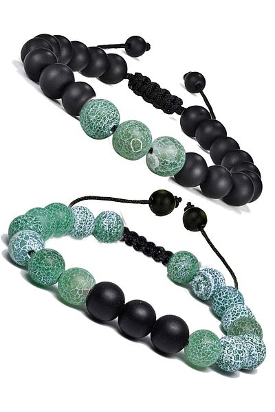 Tesbih Atölyesi Certified Natural Green Agate Onyx Natural Stone Bracelet Set