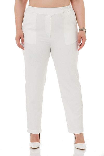 DISENTIS MODEST Large Size White Trousers with Elastic Waist, Side and Back and Narrow Leg Pockets