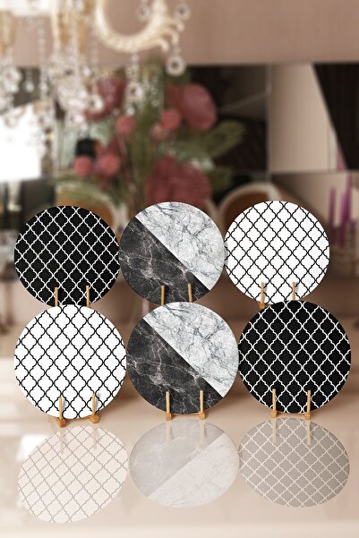 Realhomes 6-Piece Black and White Ogea Motif Marble Designed Round Placemat & Plate