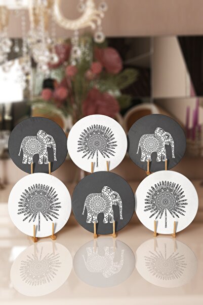 Realhomes 6'lı Karakalem Etnik Fil Motifli Tropik Yaprak Tasarımlı Yuvarlak S...