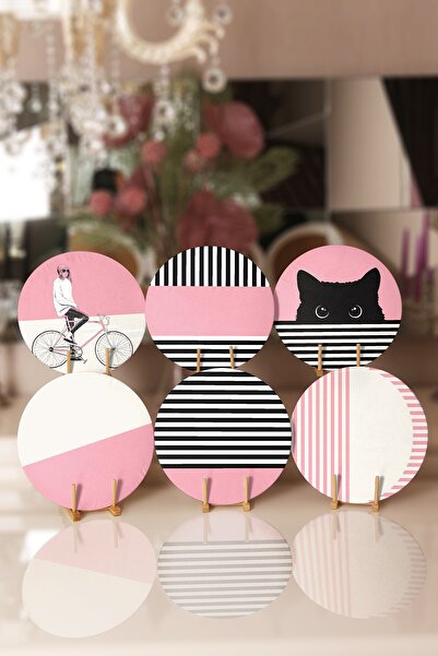 Realhomes 6'lı Pembe Kedili Bisikletli Adam Dijital Baskılı Yuvarlak Servis Altlığı & Supla