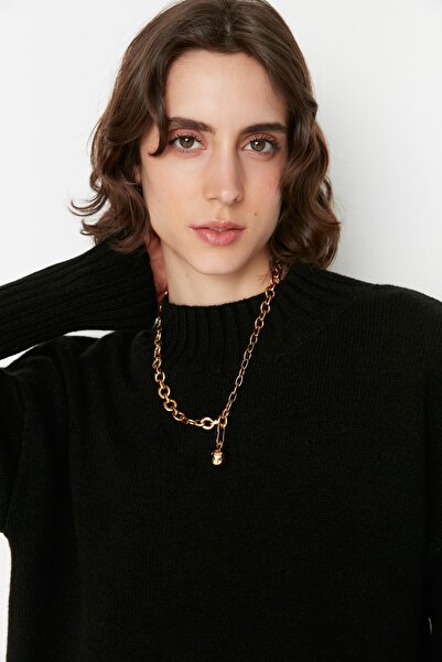 Trendyol Collection Pulover negru cu textura moale, tricotaj de bază, TWOAW23KZ00490