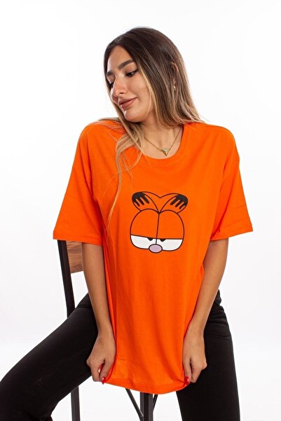 Laluvia Pomarańczowa koszulka oversize unisex z nadrukiem Garfield