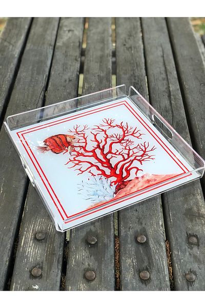 Queen Bee İstanbul Coral Themed Plexiglass Tray 25x17cm