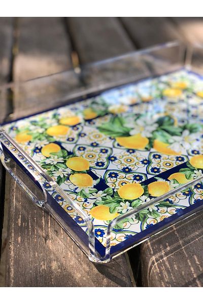 Queen Bee İstanbul Lemon Flower Patterned Plexiglass Tray 25x17cm
