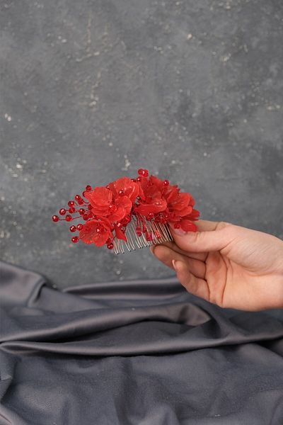 Hobigram إكسسوار شعر الزفاف، مشبك مشط جانبي مزين بالزهور باللون الأحمر، إكسسوار شعر الزفاف