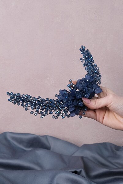 Hobigram Saç Aksesuarı Indigo Mavi Şimal Boncuklu Gelin Tacı Ve Saç Türban Ak...