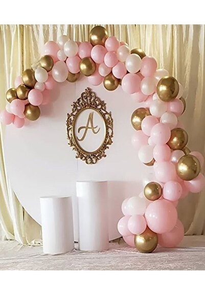 Parti dolabı Balon Zinciri Ve Yapıştırma Seti: 30 Makaron Pembe + 20 Pastel Beyaz + 10 Krom Gold Doğum Günü Nişan