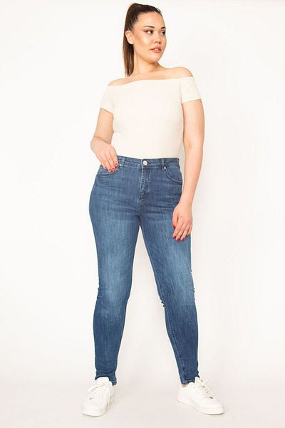 Şans Γυναικείο μεγάλου μεγέθους Navy Blue Washing Effect 5 Pocket Lycra Jean Pants 65n33017