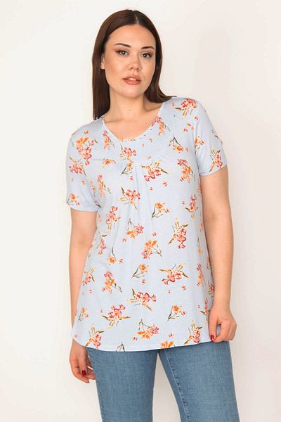Şans Women's Large Size Blue Gipe Collar Elastic Short Sleeve Tunic 65n32973