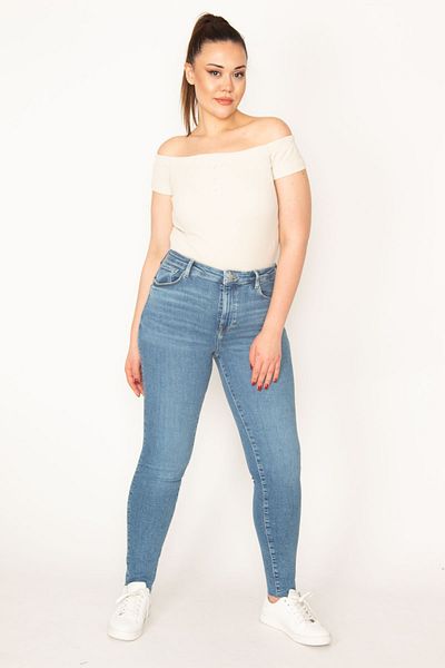 Şans Pantaloni slăbănog pentru femei, albastru, cu 5 buzunare, cu 5 buzunare, cu cusături murdare, 65n33013