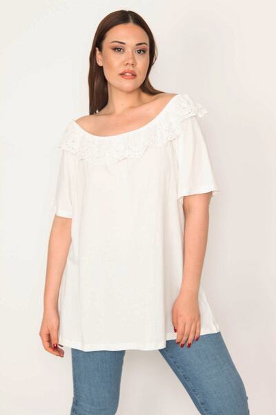 Şans Women's Plus Size Bone Karmen Collar Hole Work Collar Blouse 65n32971