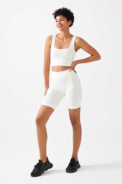 Los Ojos Dámské ecru žebrované krátké sportovní legíny s vysokým pasem žebrované biker