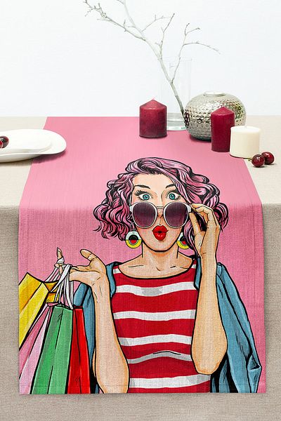 Realhomes Pink Background Popart Patterned Decorative Stitched Raschel Knitted Runner