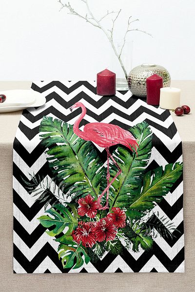 Realhomes Modern Stitched Raschel Knitted Runner with Flamingo and Leaves Design on Zigzag Floor
