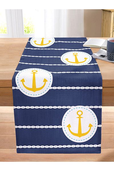 Realhomes Digital Printed Modern Stitched Raschel Knitted Runner with Anchor Drawing on Navy Blue Background