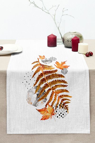 Realhomes Autumn Dried Leaf Pattern Stitched Raschel Knitted Runner on White Marble Background