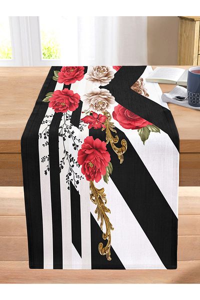 Realhomes Special Design Digital Printed Modern Stitched Raschel Knitted Runner with Flower Pattern on Black and White Background