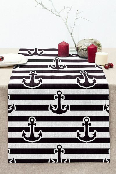 Realhomes Black Striped Anchor Patterned Digital Printed Modern Stitched Raschel Knitted Runner on White Background