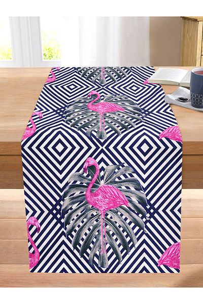 Realhomes Navy Blue Background Flamingo Patterned Digital Printed Stitched Raschel Knitted Runner