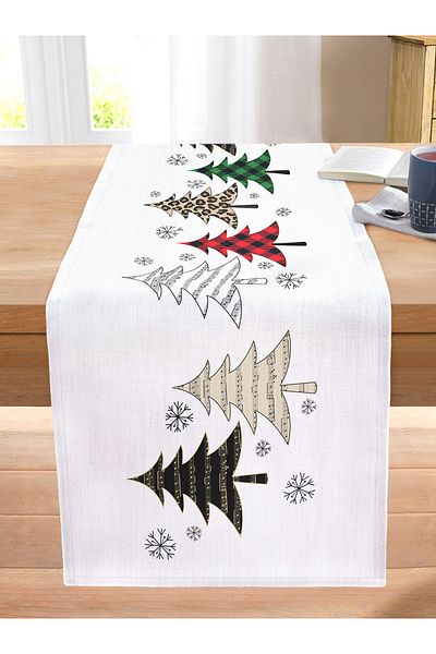 Realhomes Digital Printed Modern Stitched Raschel Knitted Runner with Plaid Pine Tree Pattern on White Background