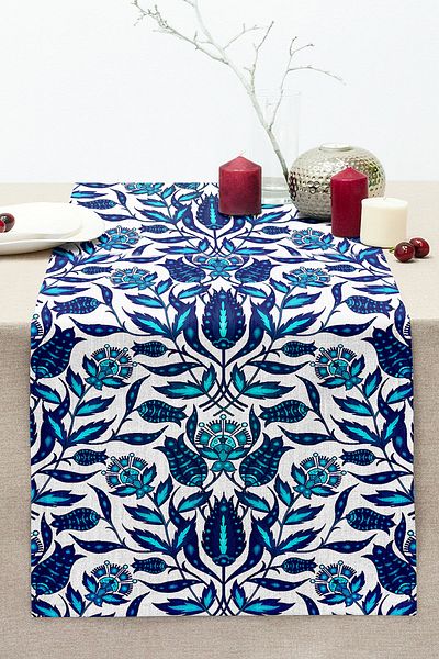 Realhomes Blue Cyan Ethnic Patterned Decorative Stitched Raschel Knitted Runner