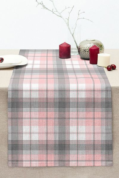 Realhomes Pink Gray Plaid Patterned Decorative Stitched Raschel Knitted Runner