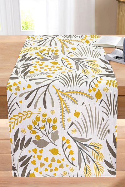 Realhomes Yellow Detailed Flower Themed Digital Printed Modern Stitched Raschel Knitted Runner