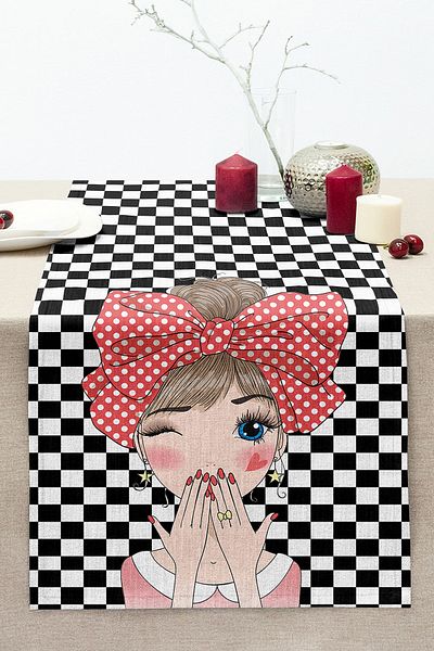 Realhomes Checkered Floor Kissing Girl Motif Decorative Stitched Raschel Knitted Runner