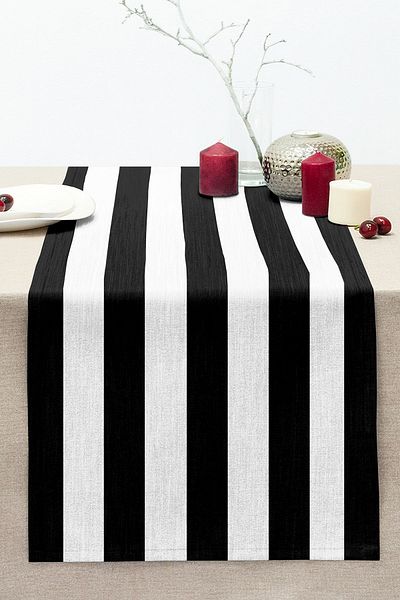 Realhomes Black and White Striped Decorative Stitched Raschel Knitted Runner