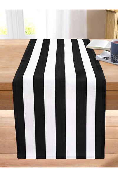 Realhomes Black and White Striped Decorative Stitched Raschel Knitted Runner