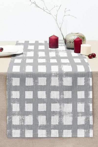 Realhomes Geometric Square Motif Decorative Stitched Raschel Knitted Runner on Gray Background