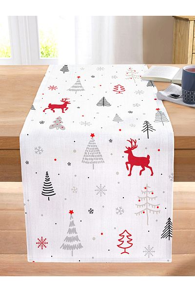 Realhomes Red Deers And Trees New Year's Concept Digital Printed Modern Stitched Raschel Runner