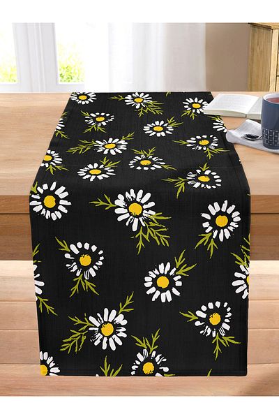 Realhomes Digital Printed Modern Stitched Raschel Knitted Runner with Daisy Pattern on Black Background