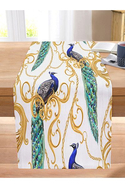 Realhomes Peacock on Gold Special Design Digital Printed Modern Stitched Raschel Knitted Runner