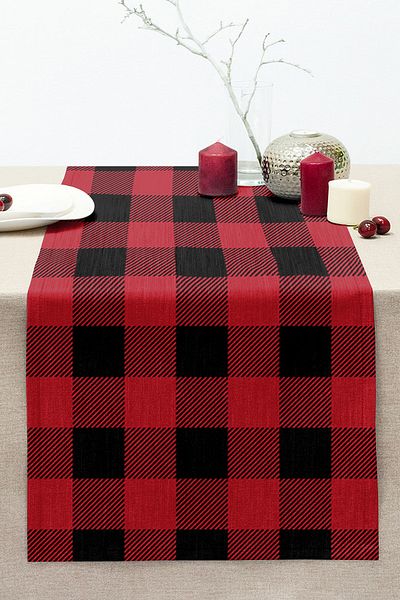 Realhomes Red Plaid Design Digital Printed Modern Stitched Raschel Knitted Runner