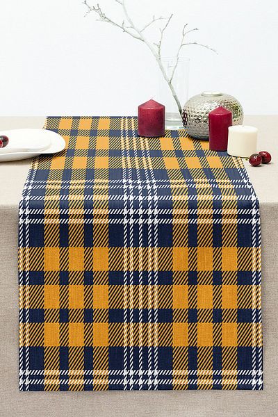 Realhomes Yellow Navy Blue Modern Plaid Design Stitched Raschel Knitted Runner