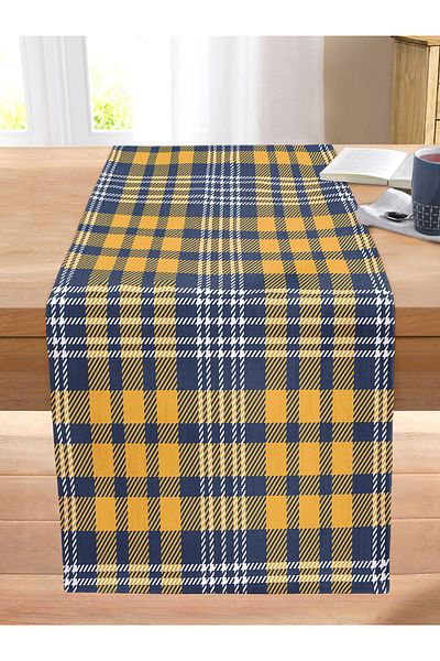 Realhomes Yellow Navy Blue Modern Plaid Design Stitched Raschel Knitted Runner
