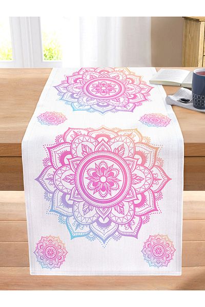 Realhomes Pink and Blue Mandala Patterned Special Design Stitched Raschel Knitted Runner on White Background