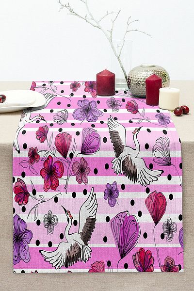 Realhomes Stork And Flower Patterned Digital Printed Special Design Modern Stitched Raschel Knitted Runner