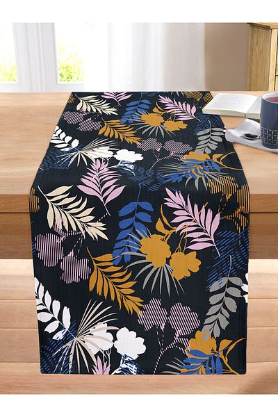 Realhomes Digital Printed Modern Stitched Raschel Knitted Runner with Colorful Leaf Pattern on Black Background