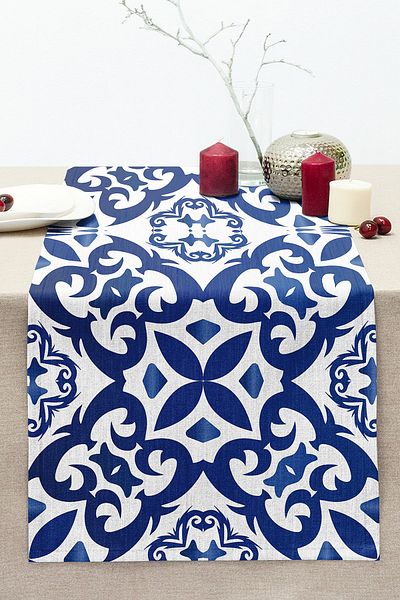 Realhomes Digital Printed Modern Stitched Raschel Knitted Runner with White Background Tile Pattern