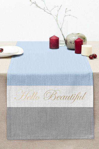 Realhomes Hello Beautiful Blue & Gray Digital Printed Decorative Stitched Raschel Knitted Runner